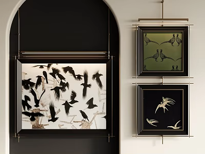 Artistic Abstract Paintings With Flying Birds On Black And Green Backgrounds In Hanging Frames 3d model