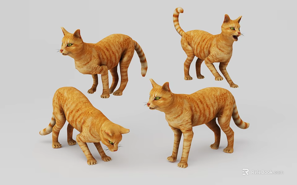 Four Orange Tabby Cats In Different Poses 3d model 