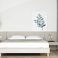 Modern Double Bed with Light Headboard White Pillows Nightstands and Blue Leaf Wall Art