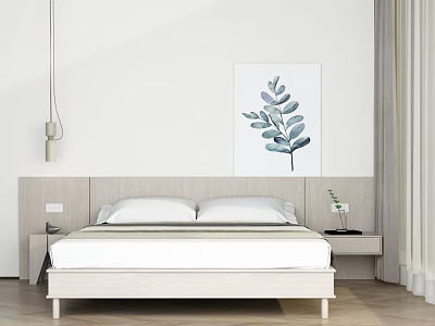 Modern Double Bed with Light Headboard White Pillows Nightstands and Blue Leaf Wall Art 3d model