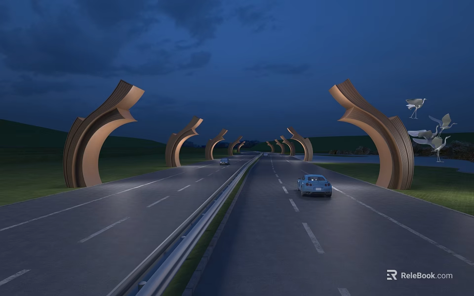 Curved Arch Shaped Landscape Sculptures Along Highway Illuminated At Night With Cars Driving 3d model 
