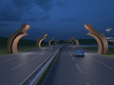 Curved Arch Shaped Landscape Sculptures Along Highway Illuminated At Night With Cars Driving 3d model