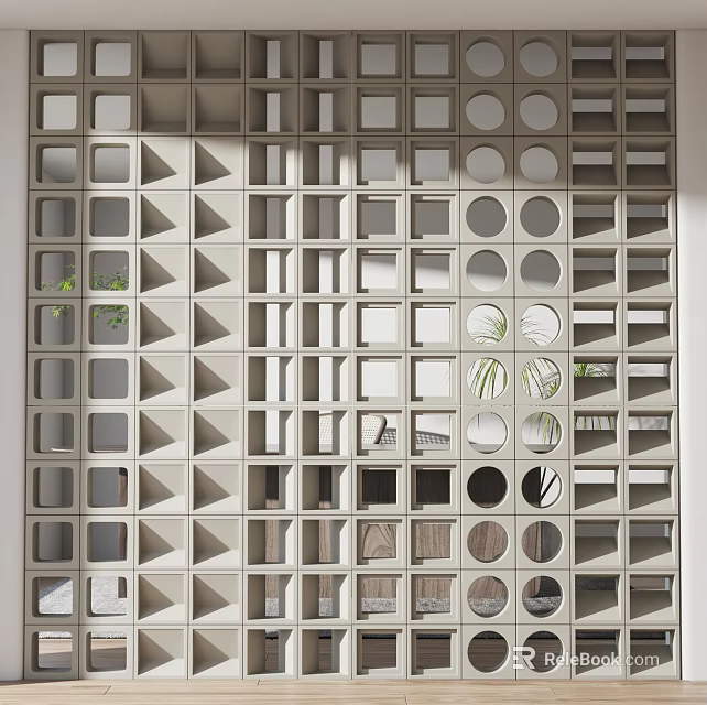 Modern Geometric Room Divider Design With Circular Triangular Holes And Decorative Plants 3d model