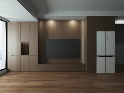 Modern Wooden TV Stand With Built-in Cabinets And TV Screen In Living Room 3d model