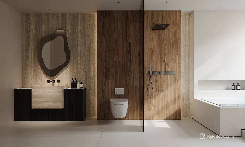 Modern Bathroom Interior With Wooden Walls Oval Mirror Black Vanity And Glass Partition 3d model 