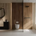 Modern Bathroom Interior With Wooden Walls Oval Mirror Black Vanity And Glass Partition