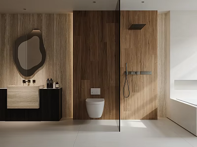 Modern Bathroom Interior With Wooden Walls Oval Mirror Black Vanity And Glass Partition 3d model