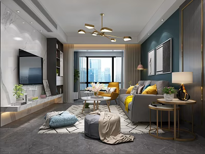 Modern Living Room Interior Design With Gray Sofa Yellow Pillows And City View 3d model