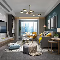 Modern Living Room Interior Design With Gray Sofa Yellow Pillows And City View