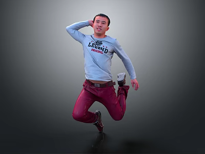 A Man Jumping In Grey Long Sleeve T Shirt With Lakers Logo And Red Pants 3d model