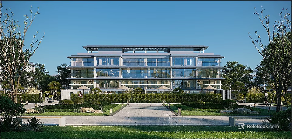 Modern Office Building With Glass Curtain Walls Multiple Floors Balconies And Landscaped Gardens 3d model 