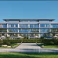 Modern Office Building With Glass Curtain Walls Multiple Floors Balconies And Landscaped Gardens