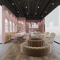 Stylish Beauty Hair Salon Interior with Pink Stools White Counter Beige Recliners and Wooden Flooring