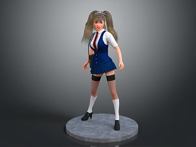 Female Character Model Wearing Blue Uniform White Shirt Red Tie And Pigtails On Gray Base 3d model