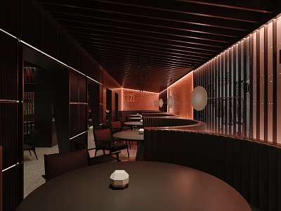 Modern Restaurant Interior With Wooden Ceiling Warm Lighting And Striped Partitions 3d model