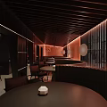 Modern Restaurant Interior With Wooden Ceiling Warm Lighting And Striped Partitions