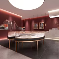 Luxury Jewelry Store Interior Design With Round Display Cases Hanging Lights And Red Walls