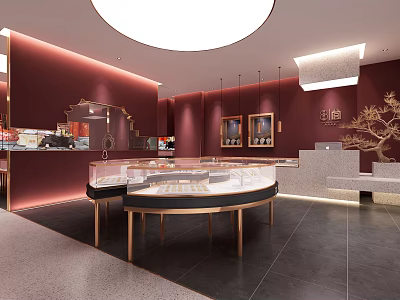 Luxury Jewelry Store Interior Design With Round Display Cases Hanging Lights And Red Walls 3d model