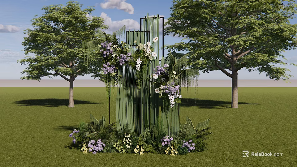Scenic Outdoor Photo Spot With Green Pillar Structure Purple White Flowers Green Plants And Trees 3d model 