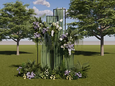 Scenic Outdoor Photo Spot With Green Pillar Structure Purple White Flowers Green Plants And Trees 3d model