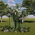 Scenic Outdoor Photo Spot With Green Pillar Structure Purple White Flowers Green Plants And Trees
