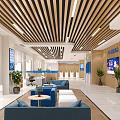 Modern Hotel Lobby With Large Blue Digital Screen Blue Sofas Wooden Decor And Green Plants