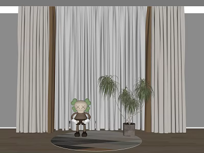 Floor Length Gray Curtains in Interior with Wooden Floor Gray Wall and Green Plants 3d model