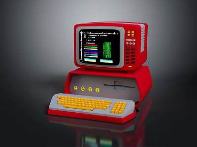 Vintage Red Retro Computer System With Monitor And Yellow Keyboard Design 3d model