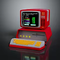 Vintage Red Retro Computer System With Monitor And Yellow Keyboard Design