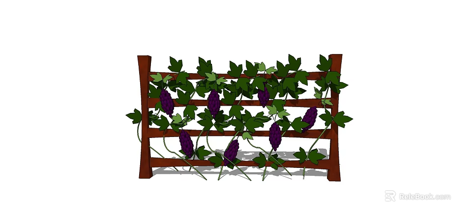 Rustic Wooden Fence Adorned With Green Leaves And Purple Fruits Vines 3d model 