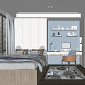 Blue Gray Tatami Bedroom Interior With Desk Chair Window Blinds And Bookshelf Decorations