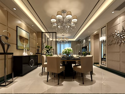Elegant Modern Restaurant Interior With Chandelier Dining Table Chairs Decorative Painting And Green Plants 3d model