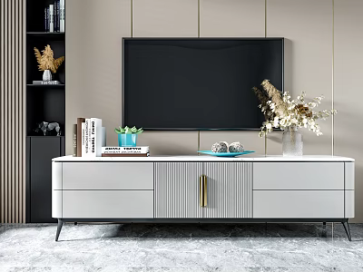 Modern TV Stand White Cabinet with Black Metal Legs and Decorative Books Plant on Top 3d model