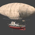Vintage Airship Featuring White Fabric Envelope And Suspended Red Hull With Metal Framework
