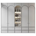 Modern Arched Wardrobe with Open Shelf Drawers and Decor Items in Light Wood Tones Interior