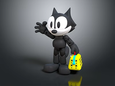 Black Cartoon Cat Robot Waving With Yellow Spotted Bag on Gray Background 3d model