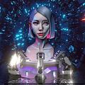 Futuristic Photo Spot With Female Figure Circular Structure Blue Purple Lights Device And Water Reflection