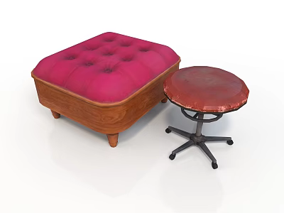 Pink Tufted Ottoman With Wooden Frame And Round Red Stool Black Metal Base With Wheels 3d model