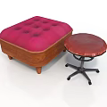 Pink Tufted Ottoman With Wooden Frame And Round Red Stool Black Metal Base With Wheels