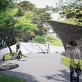 Tranquil Garden Landscape With Curved Stone Walls Pathway Sunlit Forest And People Walking