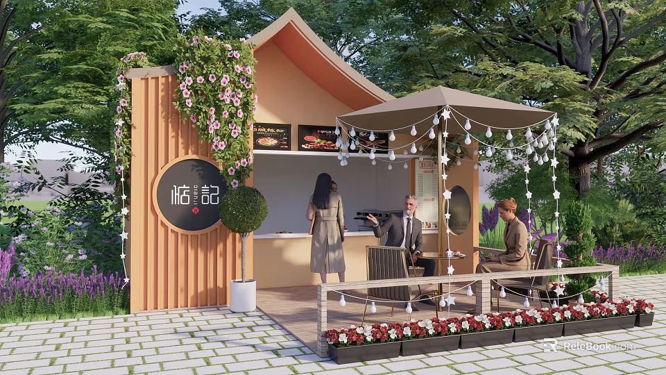 Haoji Outdoor Dining Kiosk With Wooden Structure Parasol String Lights And Green Plants 3d model 