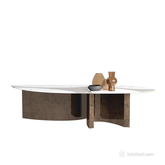 Modern Dining Table with Marble Top and Dark Base Adorned with Vase and Bowl 3d model