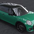 Green Mini John Cooper Works Hatchback With Black Roof Circular Headlights And Sporty Wheels