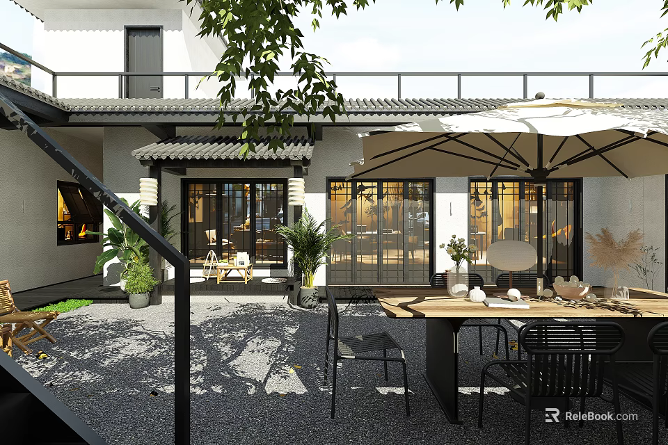 Elegant New Chinese Courtyard Landscape With Cozy Outdoor Dining Spaces And Lush Green Plants 3d model 