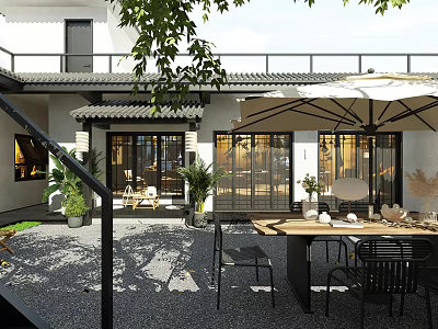 Elegant New Chinese Courtyard Landscape With Cozy Outdoor Dining Spaces And Lush Green Plants 3d model