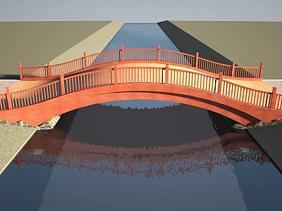 Red Roadway Bridge With Railing Spanning Water And Flat Ground Reflection 3d model