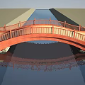 Red Roadway Bridge With Railing Spanning Water And Flat Ground Reflection