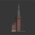 Red Tower Architectural Design with Green Spire and Historic Structure Details