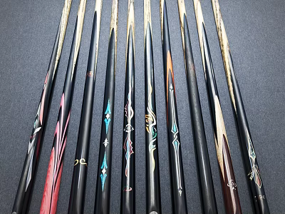 Billiard Room Interior Featuring Various Decorative Pool Cues With Unique Patterns 3d model
