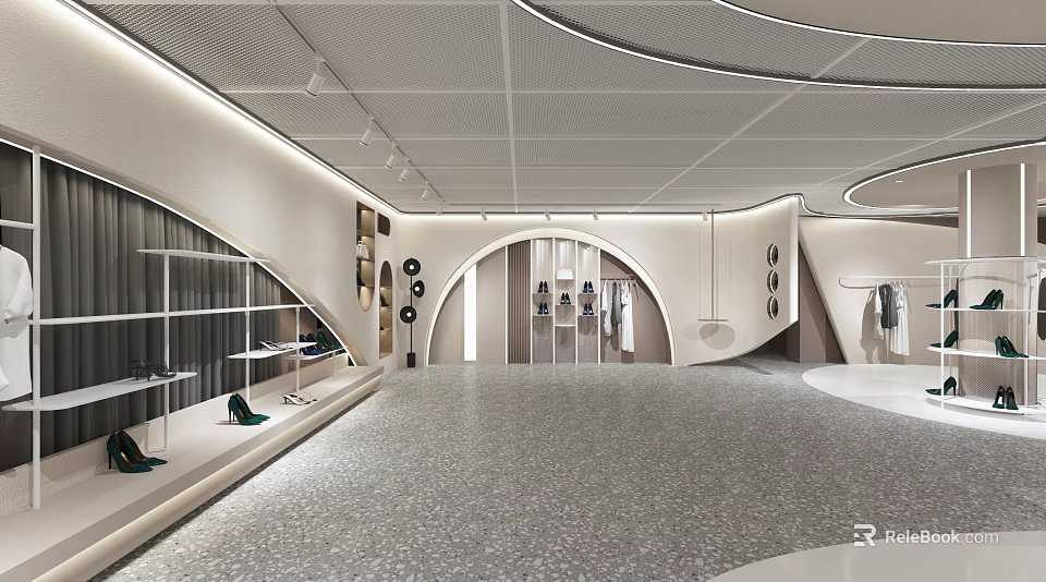 Modern Retail Showroom With Curved Ceiling Design Display Shelves And Terrazzo Floor 3d model 